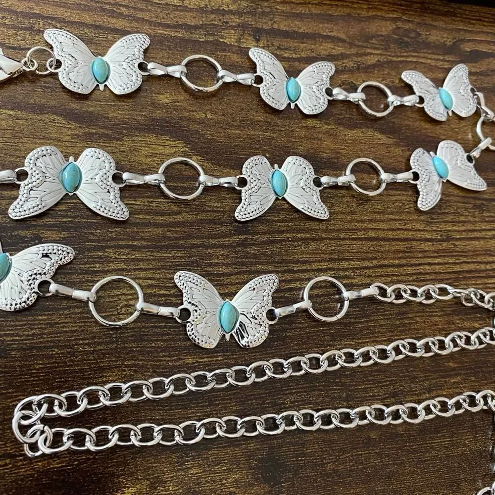 Silver Y2K Western Butterfly Turquoise Chain Belt, Fits 24-42 Inches, X7GA1343